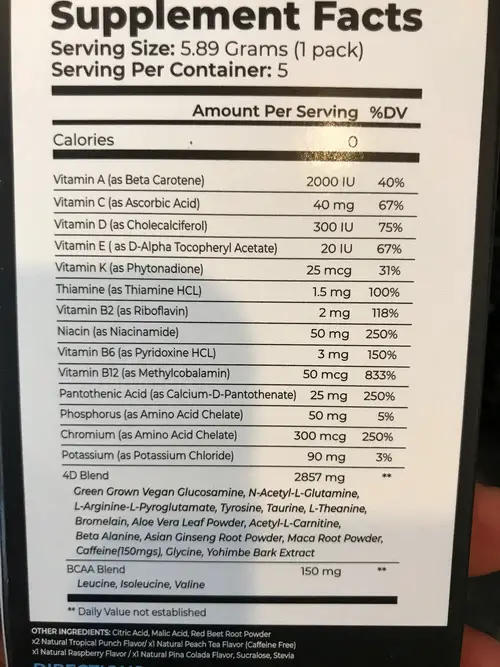 4D Energy and Vitamin Drink Ingredients